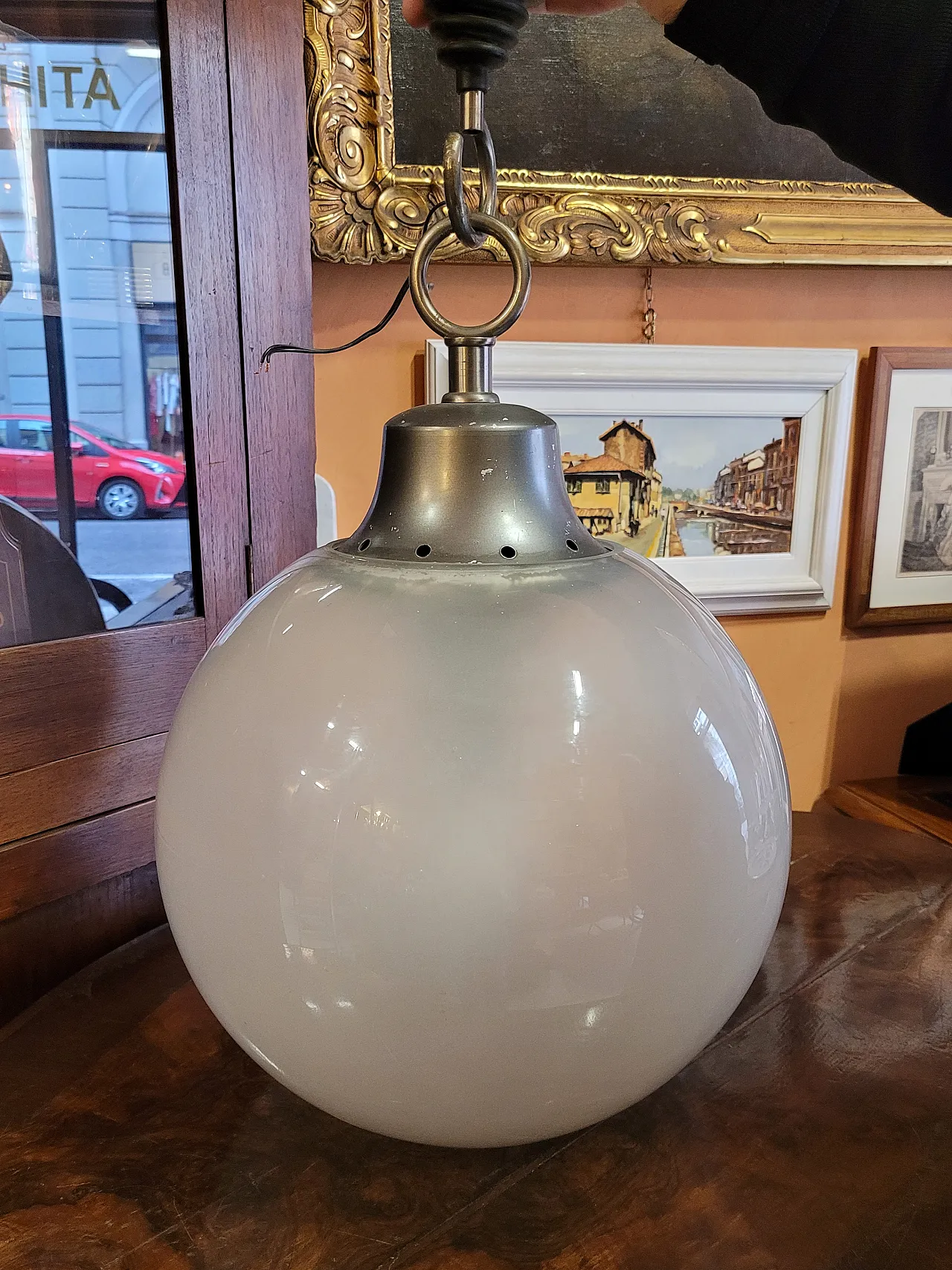 Pendant lamp mod. LS10 Boccia in metal and satin glass, 70s 12