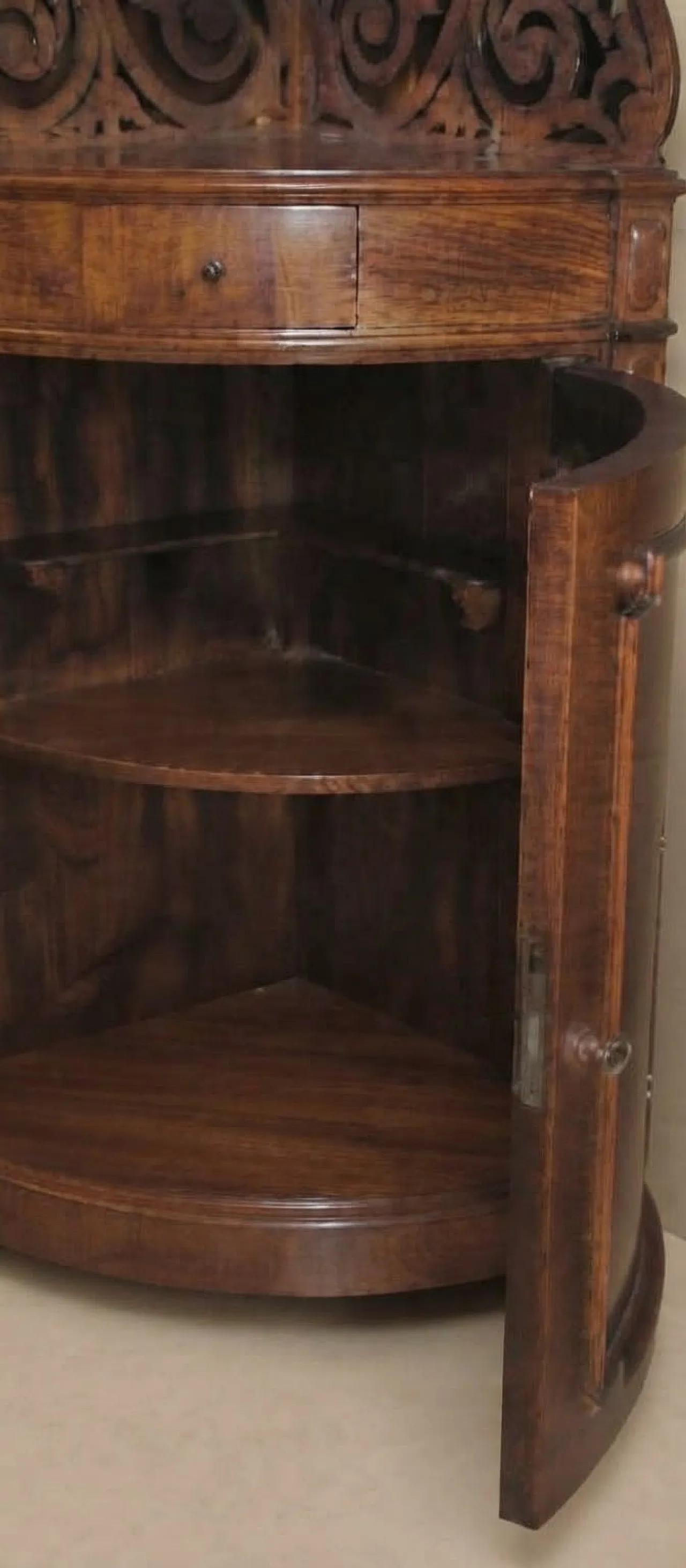 Corner walnut burl cabinet with carved pediment, 19th century 1