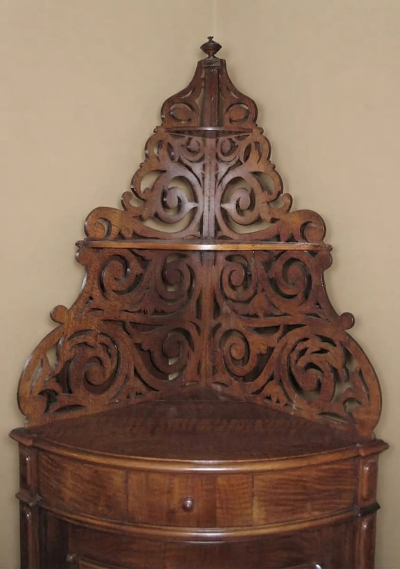 Corner walnut burl cabinet with carved pediment, 19th century 3