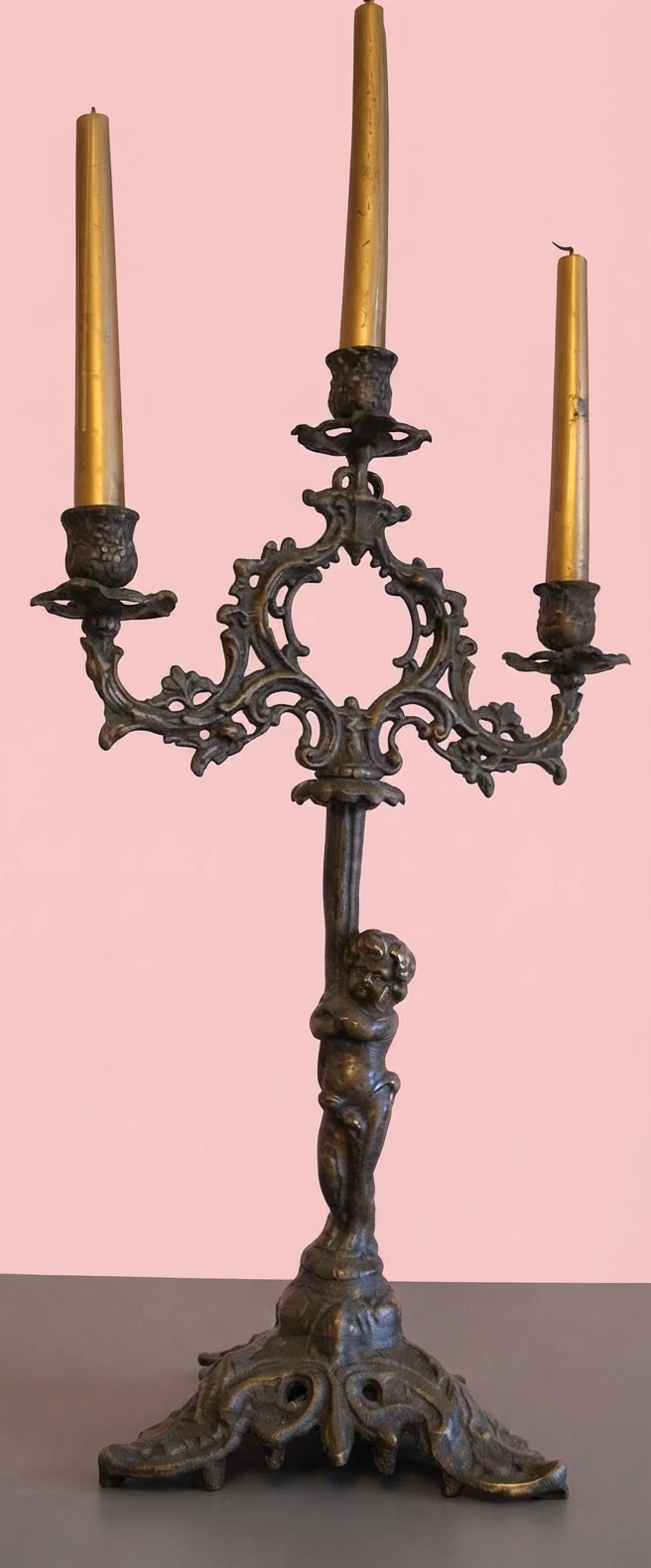 Bronze candle holder with cherub, 19th century 6