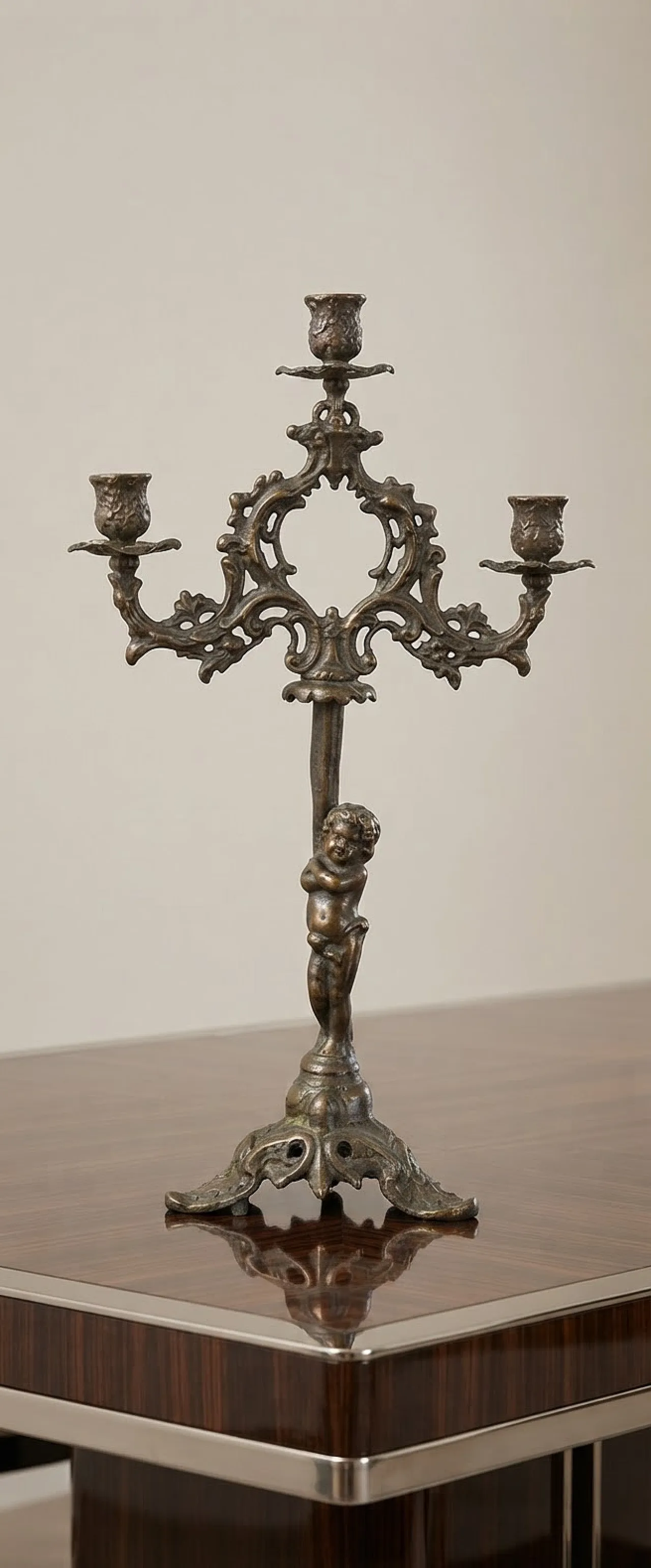 Bronze candle holder with cherub, 19th century 7