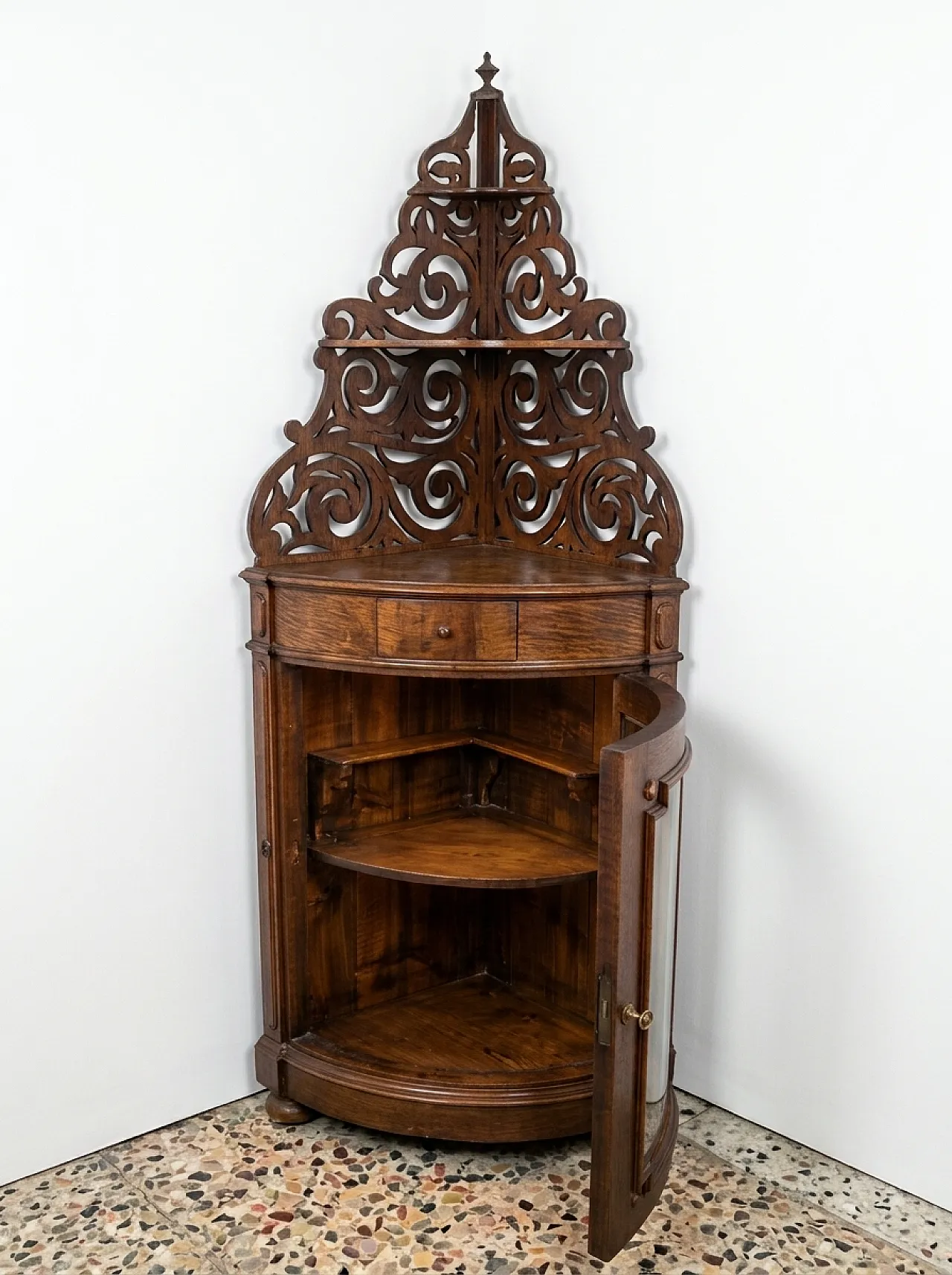 Corner walnut burl cabinet with carved pediment, 19th century 8