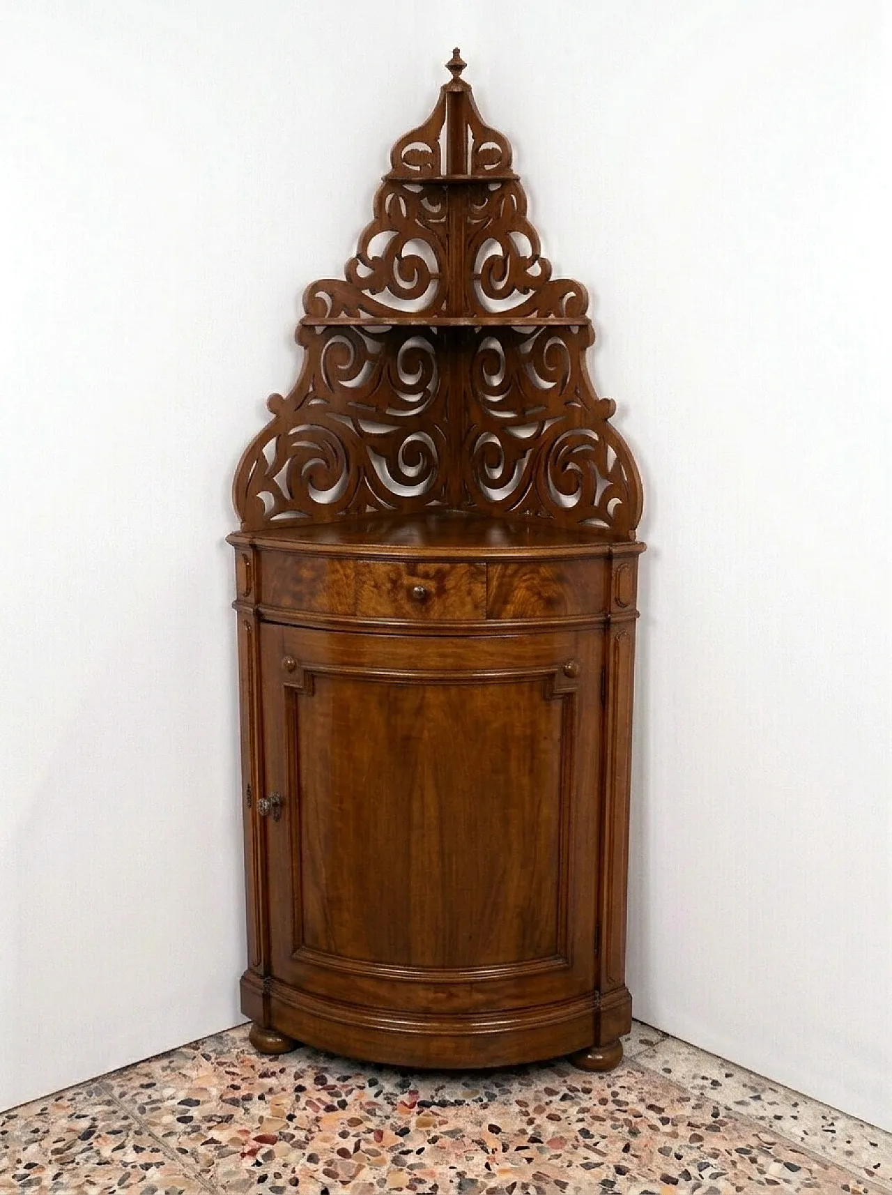 Corner walnut burl cabinet with carved pediment, 19th century 11