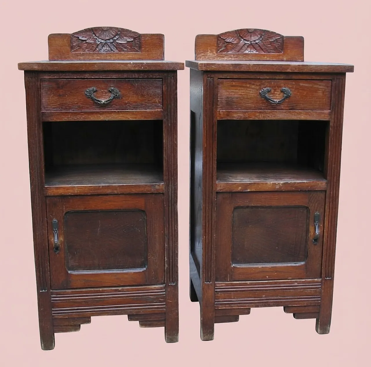 Pair of oak bedside tables, Art Nouveau, 19th century 1