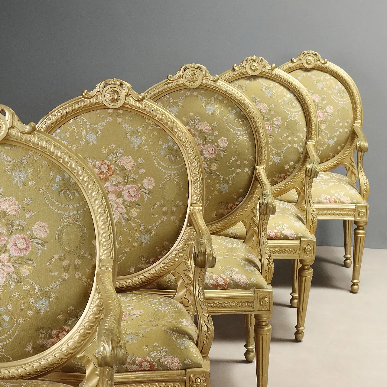 10 Neoclassical armchairs in gilded wood, 19th century 3