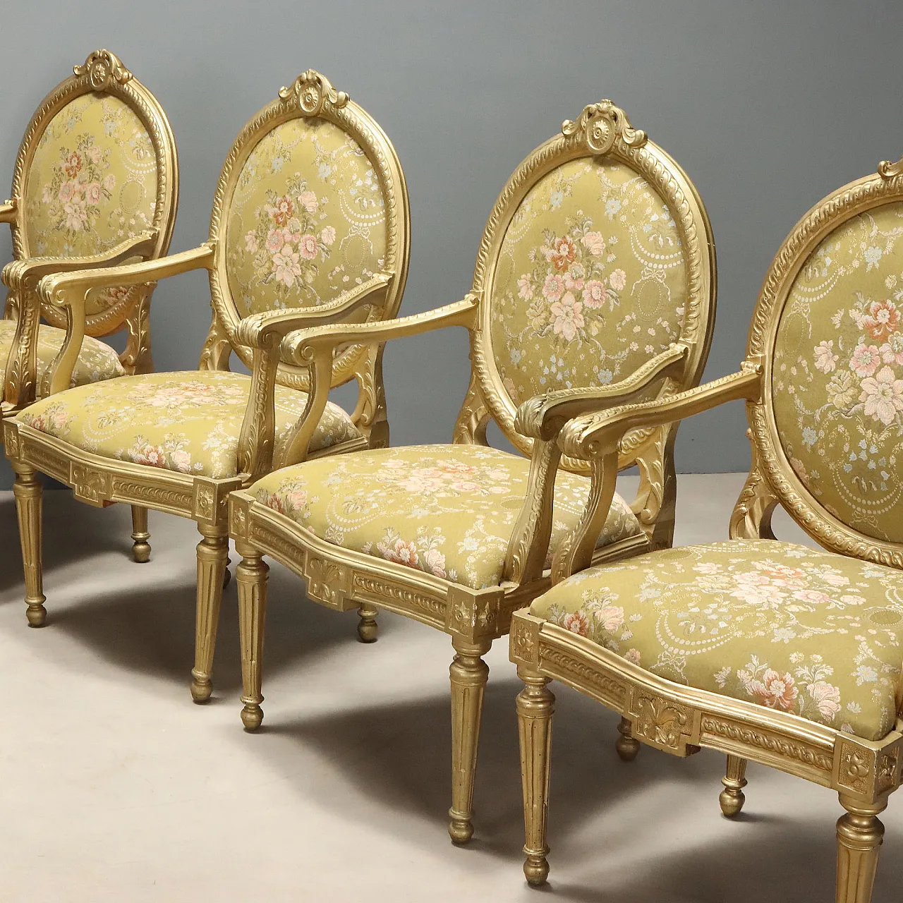 10 Neoclassical armchairs in gilded wood, 19th century 4