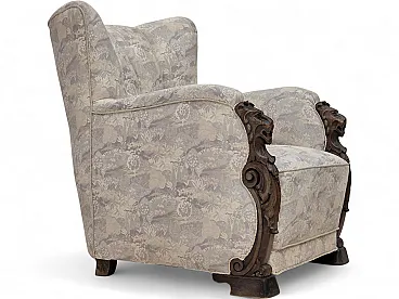 1960s, Danish armchair, furniture jacquard fabric, hand carved wood.
