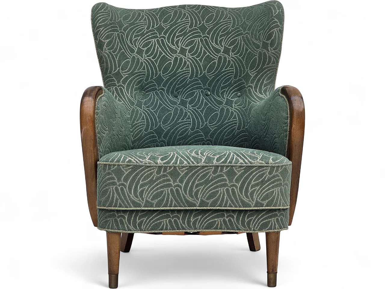 1960s, Danish armchair, green furniture velour, beech wood. 26