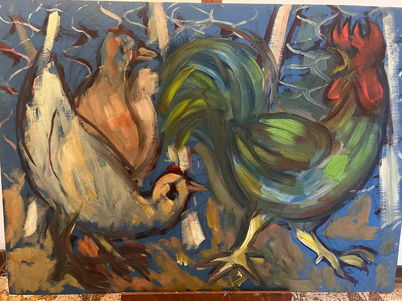 The Rooster and the Hens, painting, oil on wooden panel, 1970s 1