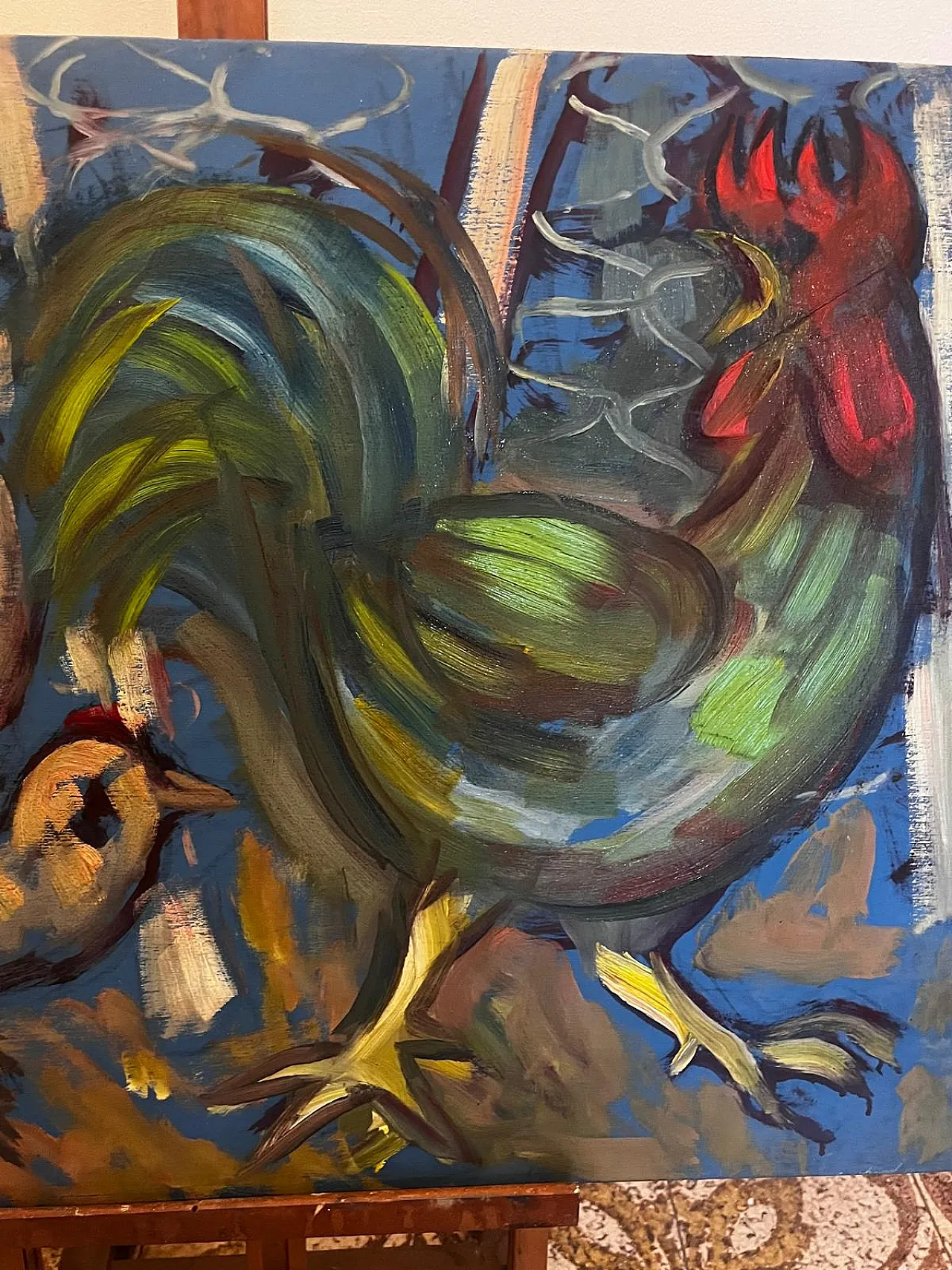 The Rooster and the Hens, painting, oil on wooden panel, 1970s 2