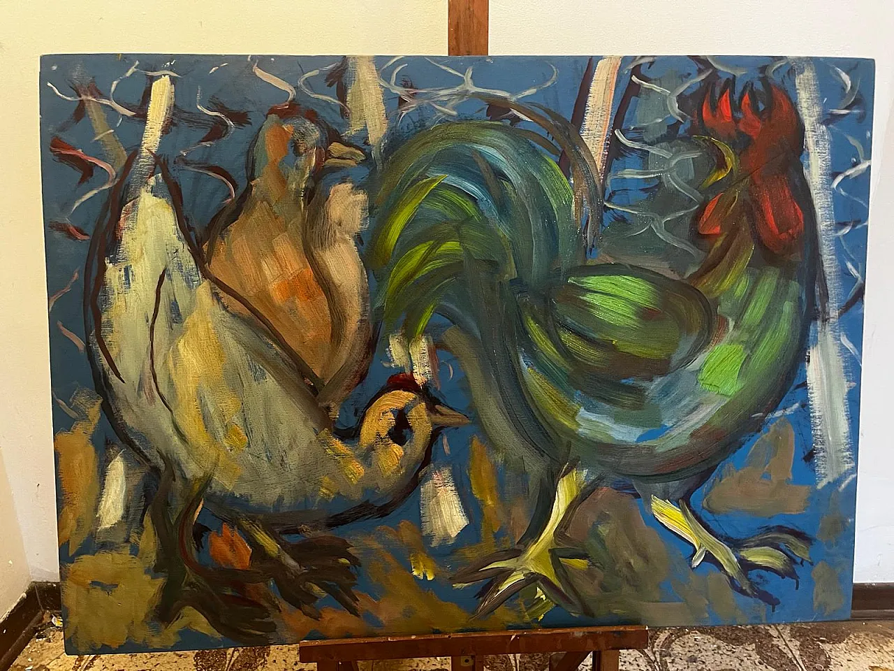 The Rooster and the Hens, painting, oil on wooden panel, 1970s 3