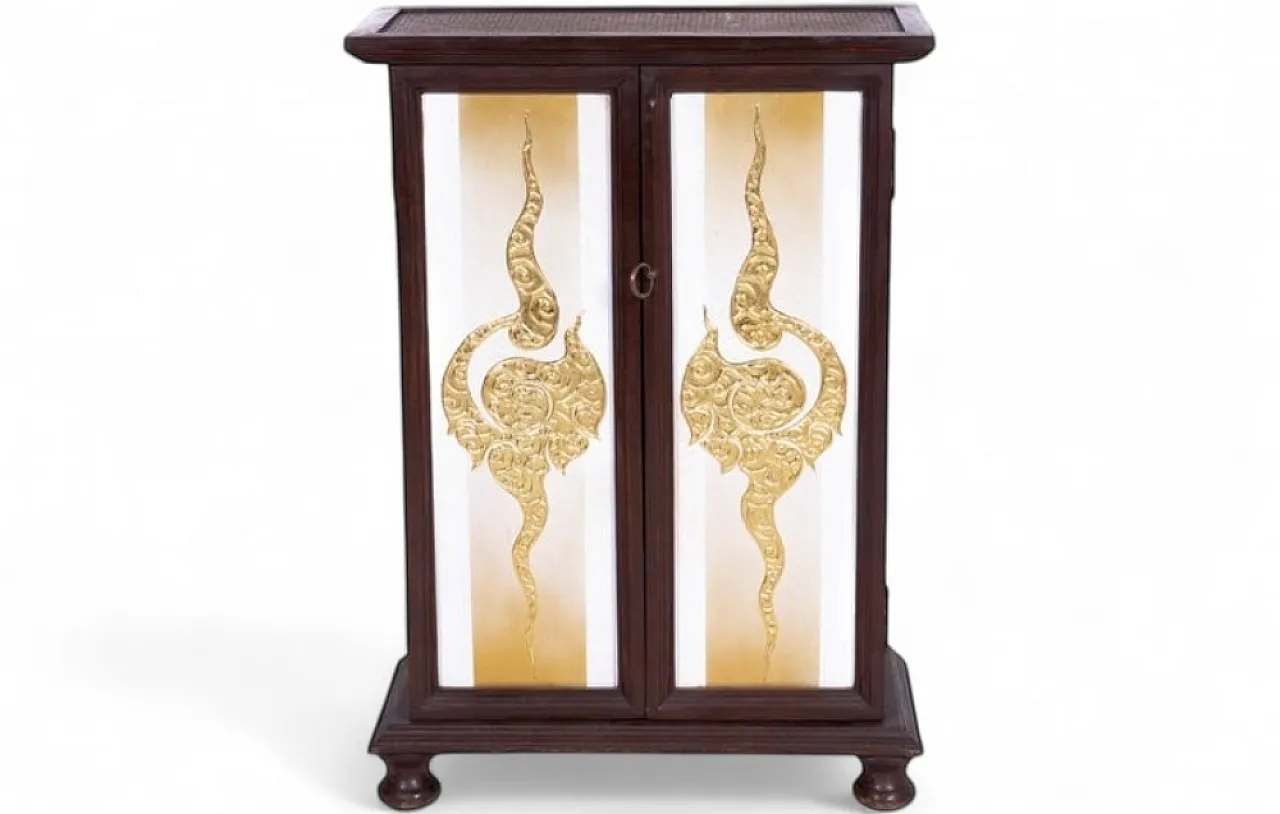 Cabinet in acacia wood with decorations and rattan inserts, 1950s 10