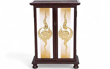 Cabinet in acacia wood with decorations and rattan inserts, 1950s