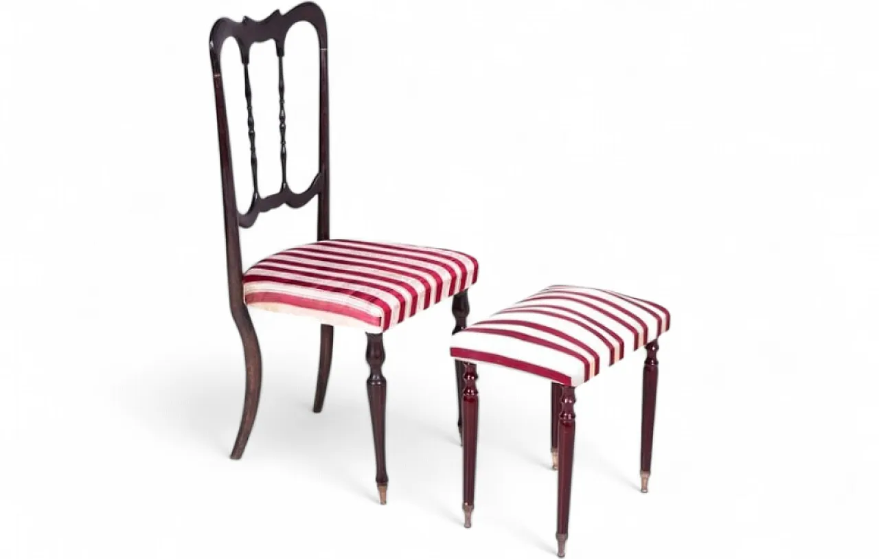 Chair with footrest in ebonized wood and striped satin, 1950s 8