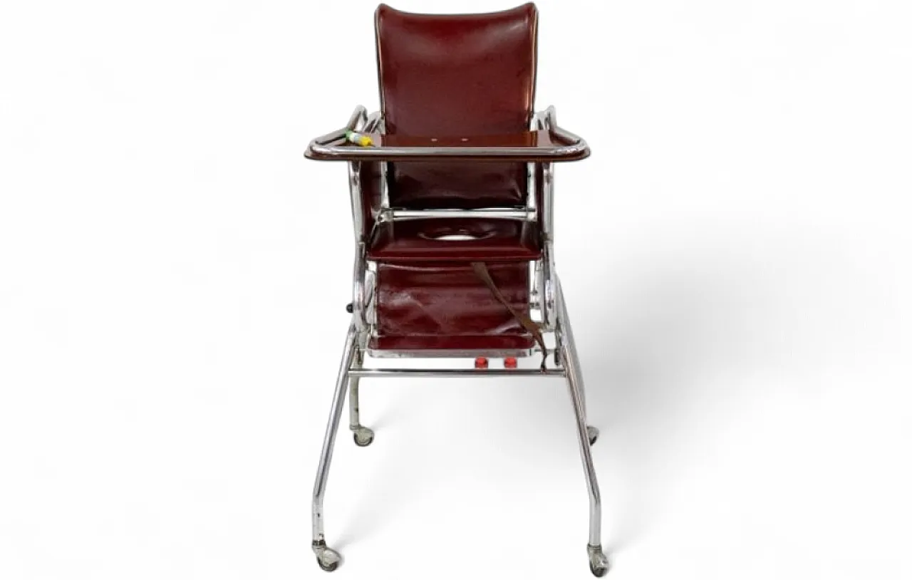 High chair in burgundy leather with tray and potty, 1970s 7
