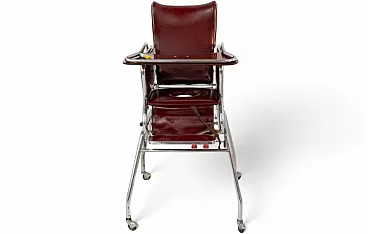High chair in burgundy leather with tray and potty, 1970s