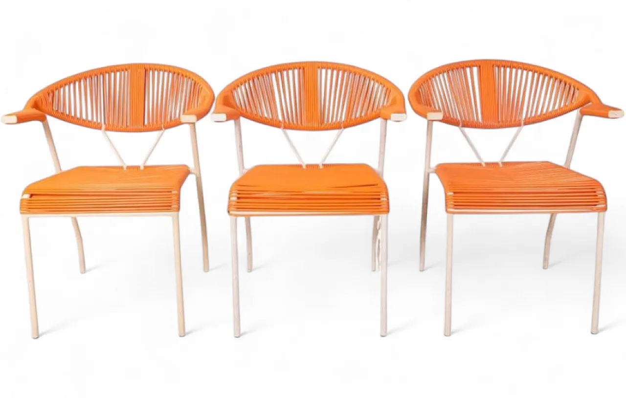 3 Sedie da giardino in plastica intrecciata arancione, anni '80 9
