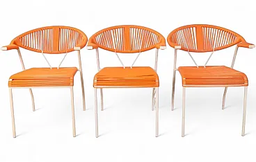 3 Sedie da giardino in plastica intrecciata arancione, anni '80