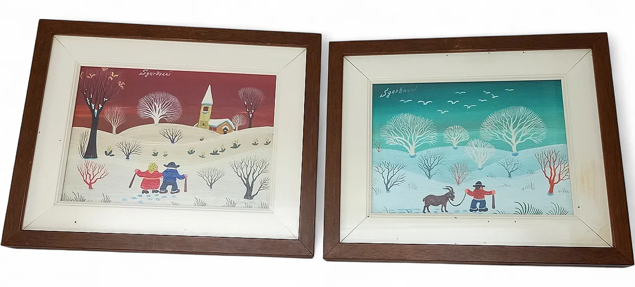 Pair of Naive Oil Paintings on Wood - Signed by Sgarbozzi 8