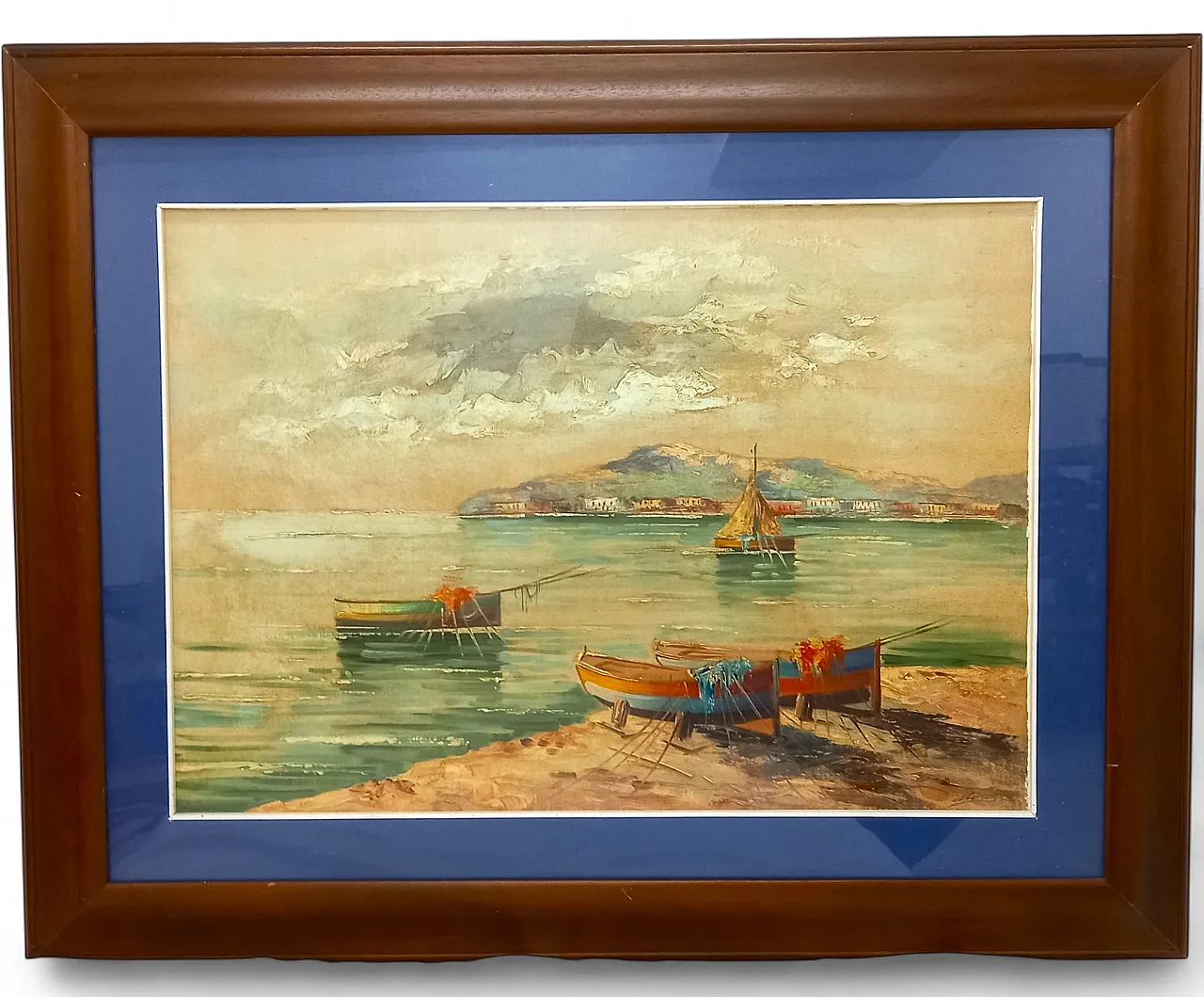 Oil painting on canvas of the Gulf of Naples Marina with boats 4