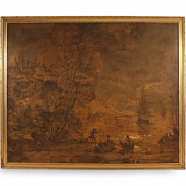 Large 18th-century Italian painting, landscape with view of a port