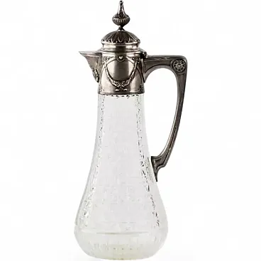 Ewer in clear cut crystal and silver, early 20th century