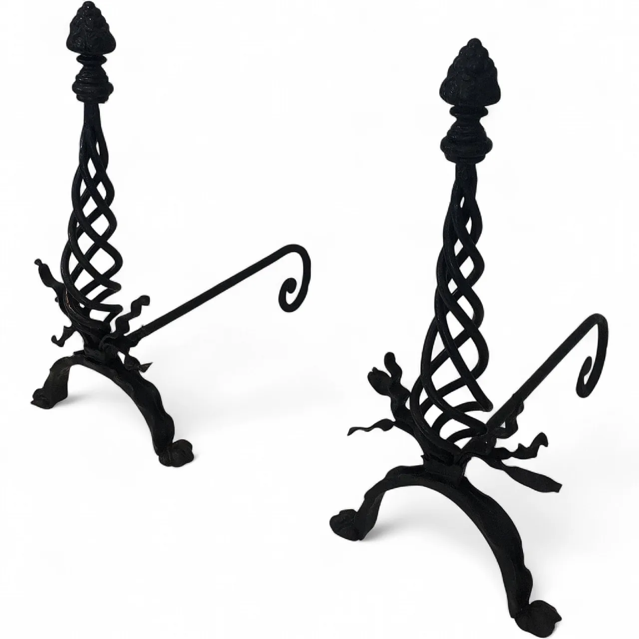 Pair of twisted wrought iron andirons with finials, French, 20s 20