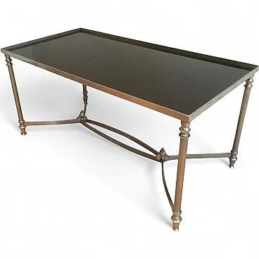 Tavolino argentato con piano in vetro laccato nero, stile Maison Jansen