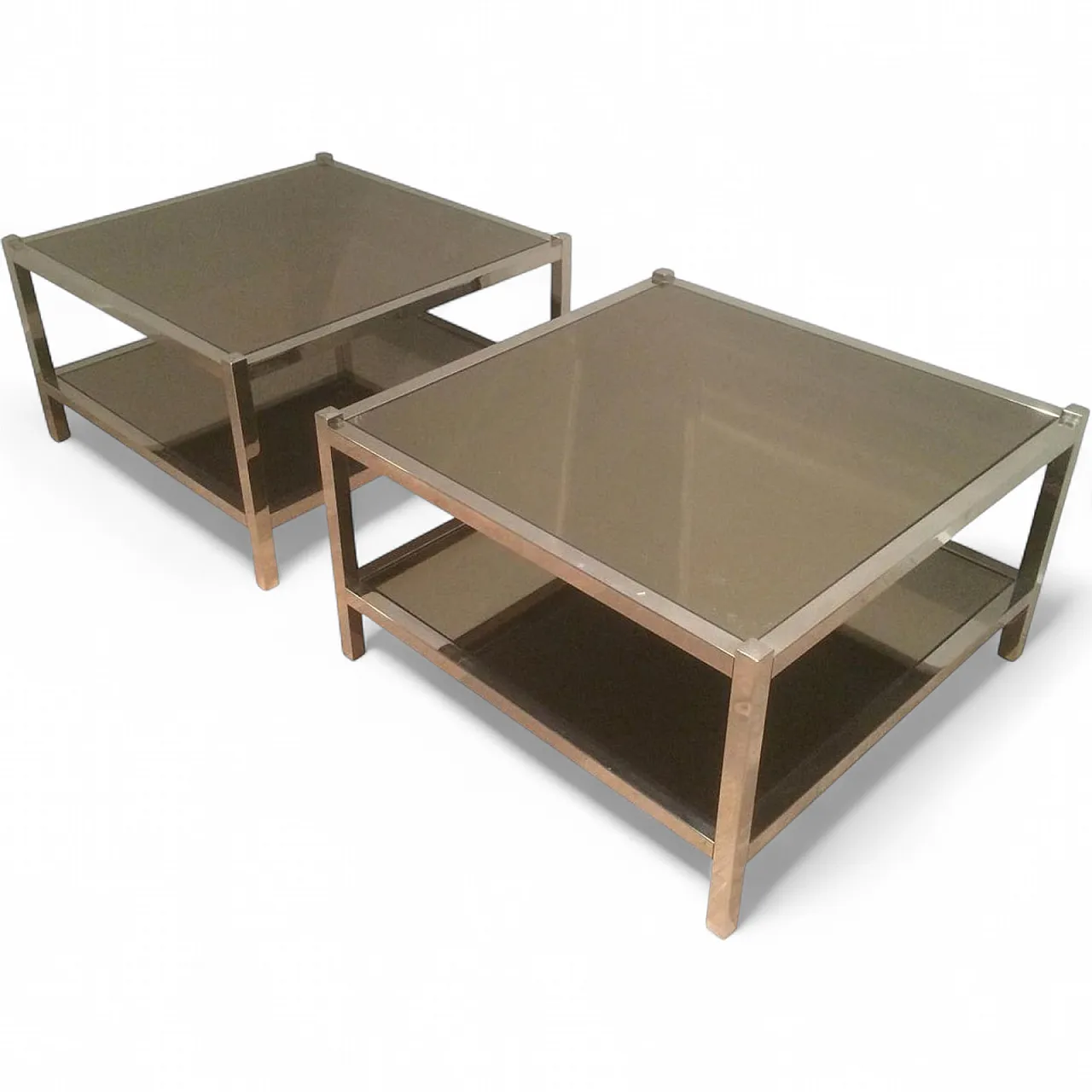Pair of large chrome and bronze mirror side tables, 70s 18
