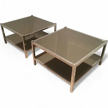 Pair of large chrome and bronze mirror side tables, 70s