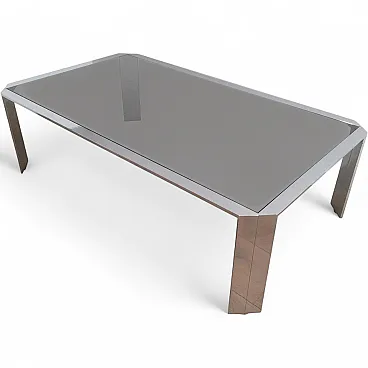 Tavolino ottagonale in cromo con piano in vetro nero, anni '70
