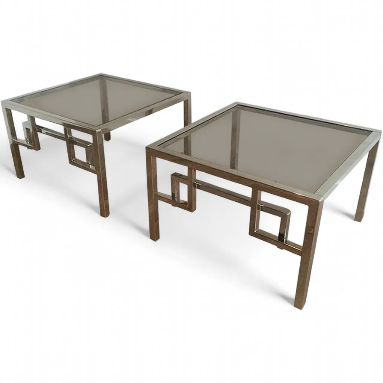 Pair of chrome design side tables with Greek key decor, 70s 10