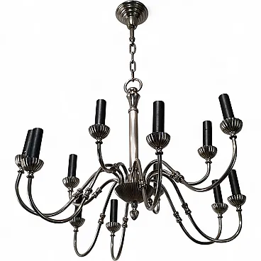 Silver Plated 12-Light Neoclassical Chandelier, circa 1940