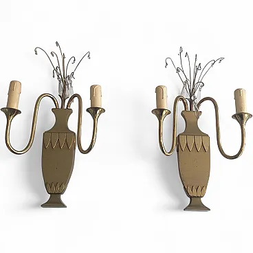 Pair of Neoclassical Brass & Crystal Wall Lights, French, circa 1940