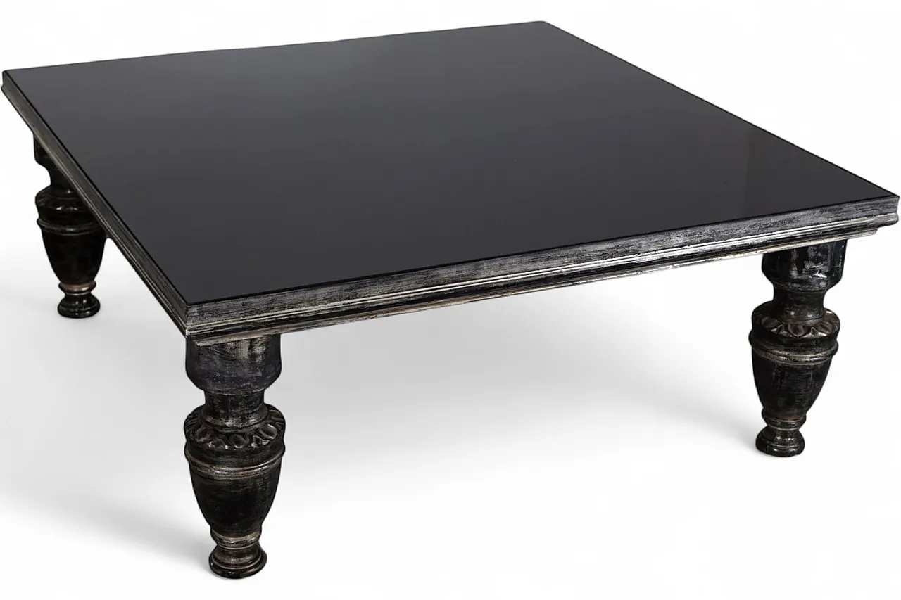 Patinated wooden coffee table with glass top, late 20th century 5