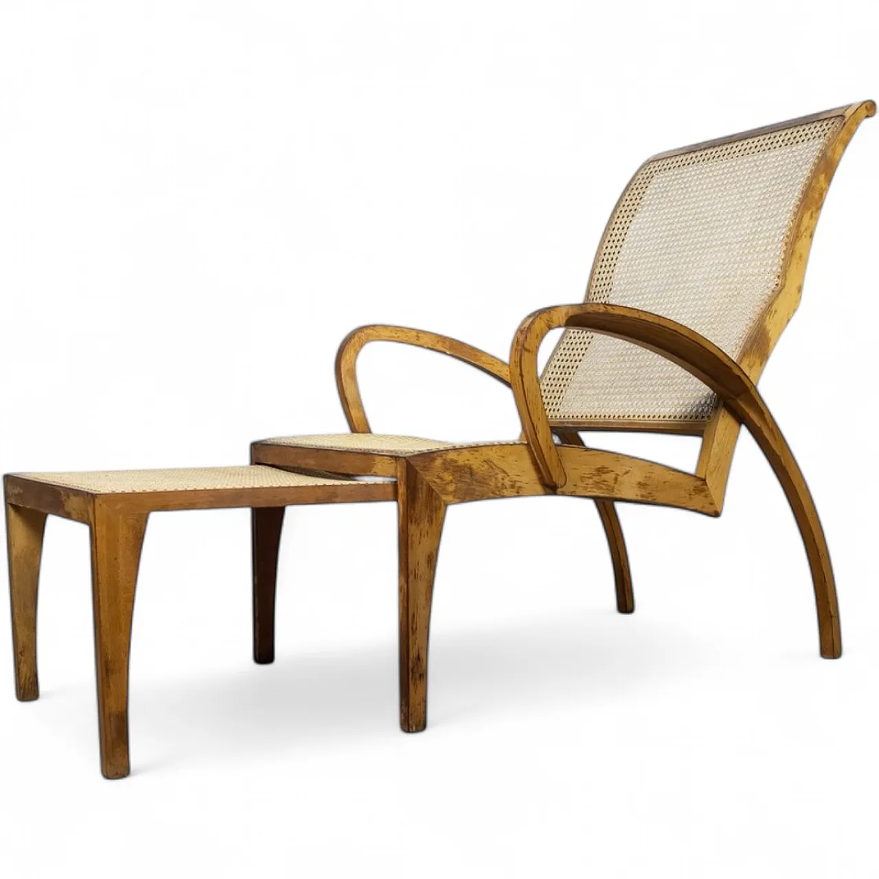 Modernist sculptural cane lounge chair with ottoman, 1940s 15
