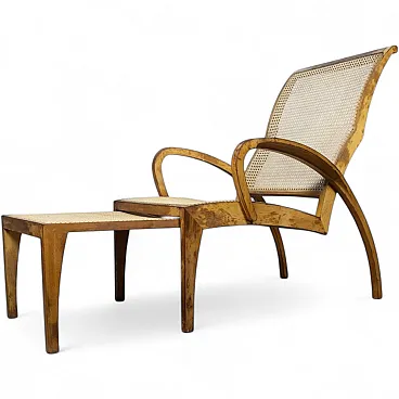 Modernist sculptural cane lounge chair with ottoman, 1940s