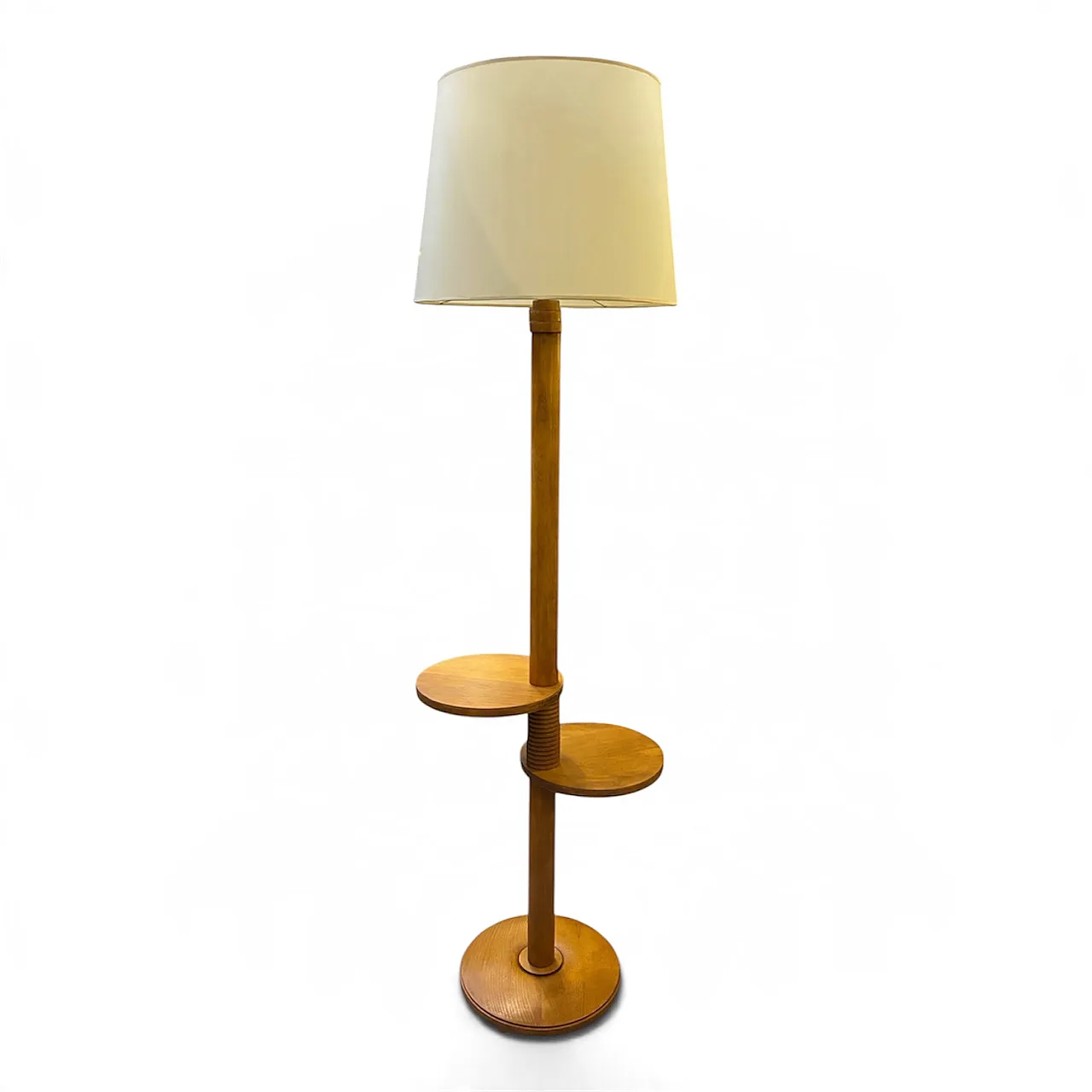 Deco Beech Floor Lamp with 2 round shelves, 1930s 1