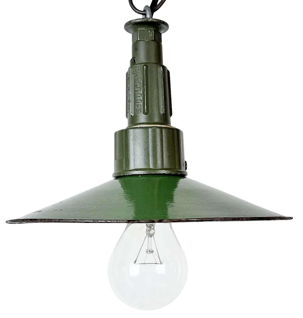 Industrial Green Enamel Military Pendant Lamp with Cast Aluminium Top, 1