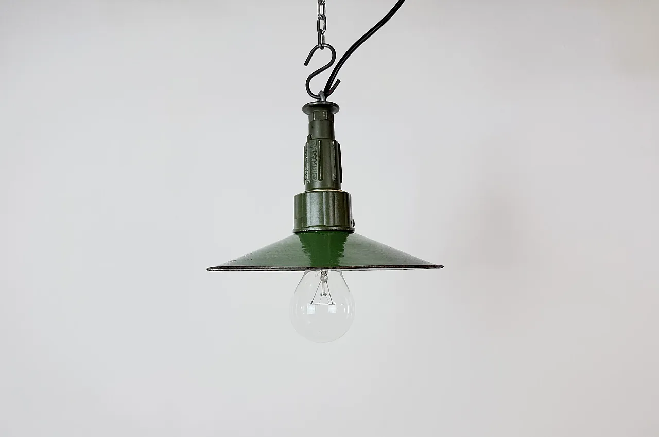 Industrial Green Enamel Military Pendant Lamp with Cast Aluminium Top, 2