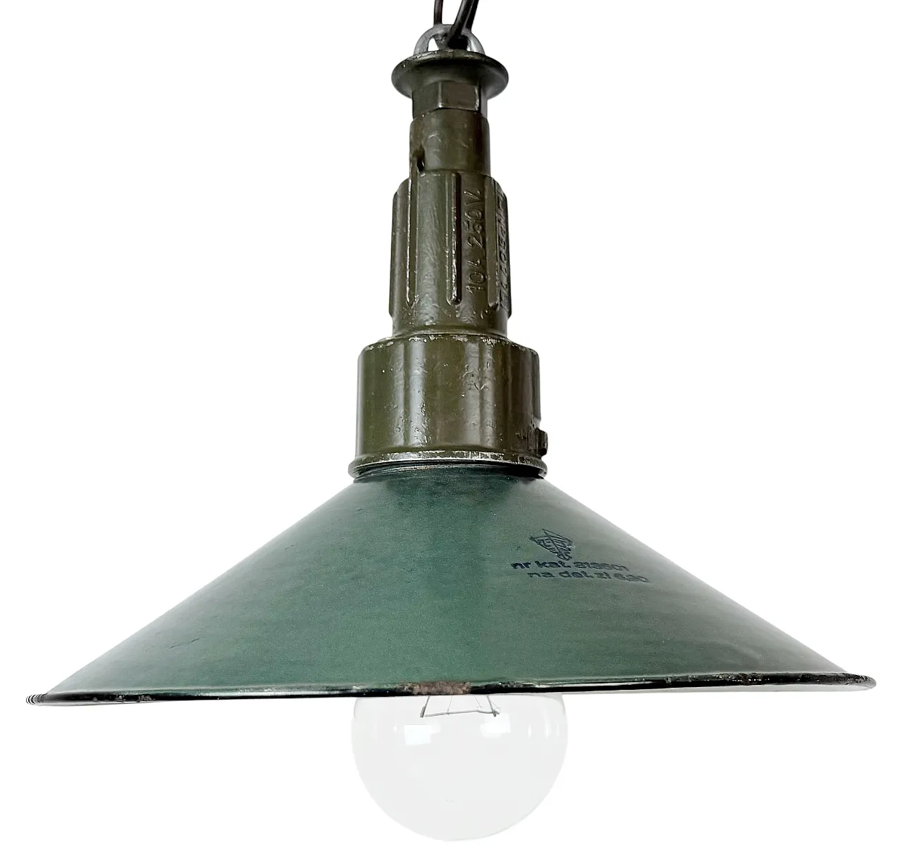 Industrial Green Enamel Military Pendant Lamp with Cast Aluminium Top, 1