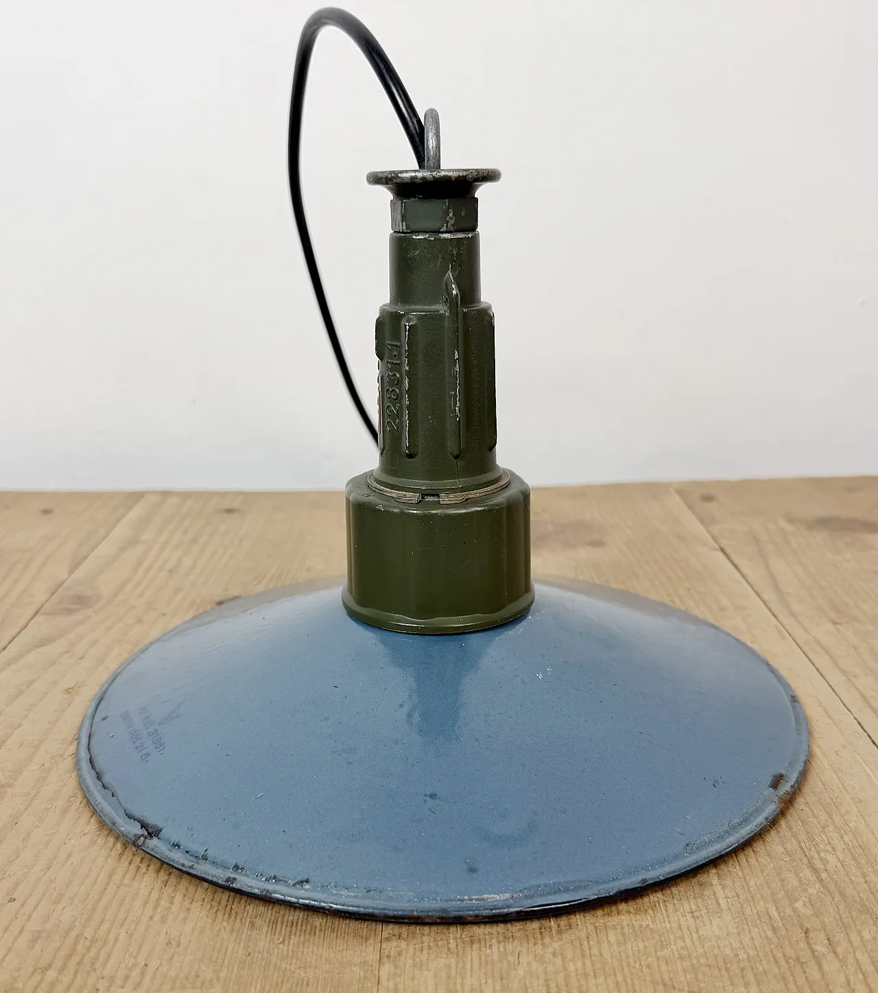 Industrial Blue Enamel Military Pendant Lamp with Cast Aluminium Top, 17