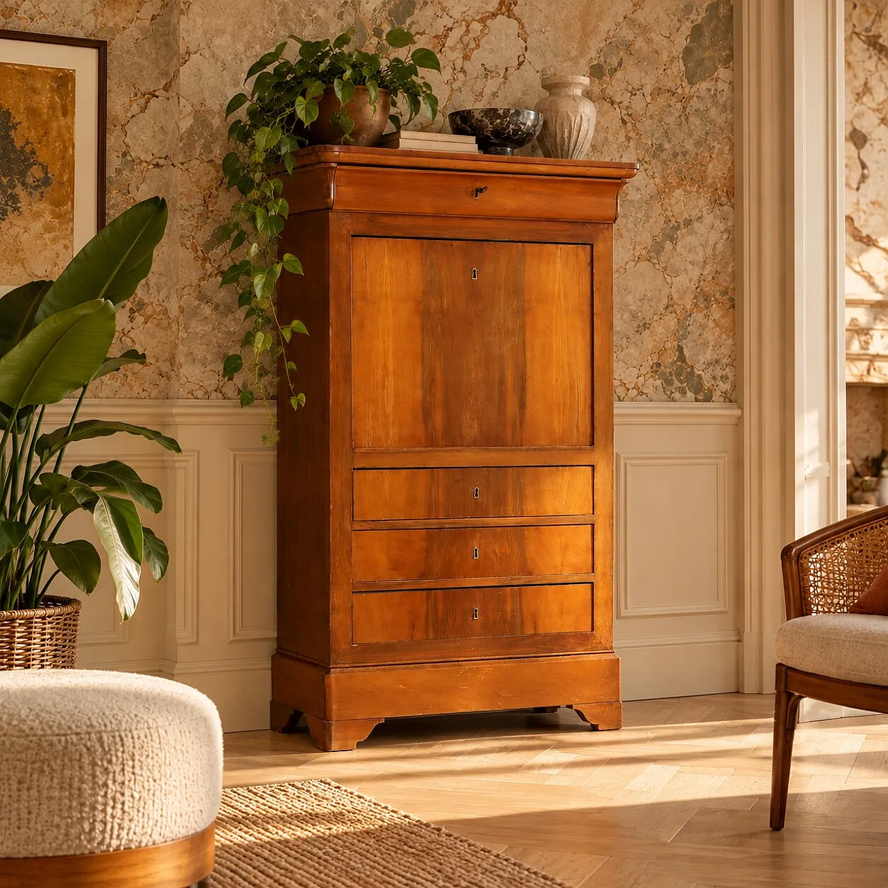 Charles X Secretaire in walnut with oak interior, 19th century 2