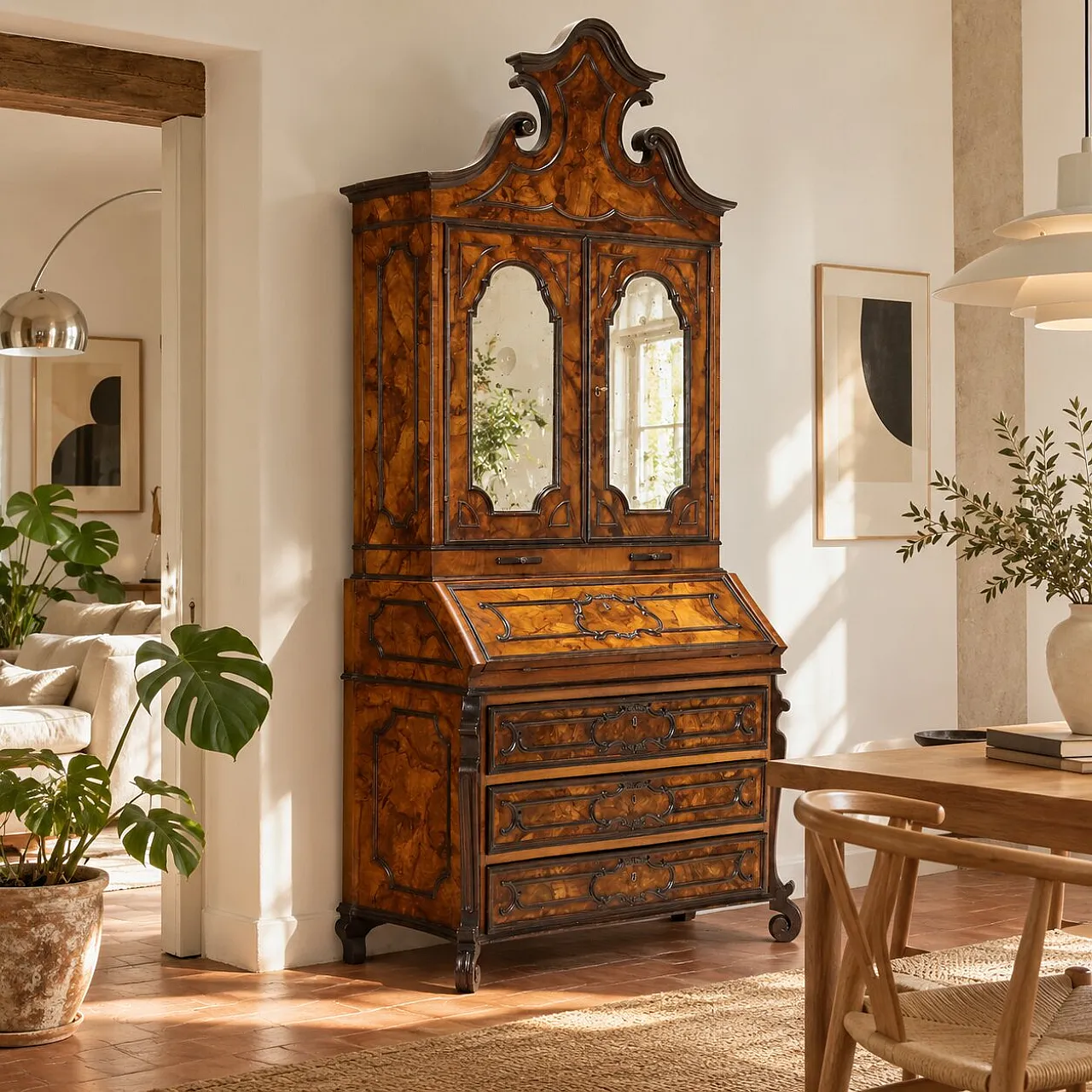 Trumeau lombardo in stile in noce e radica di noce, '800 2