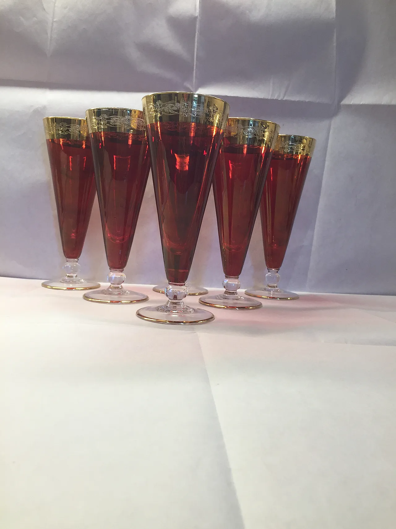 6 red and gold glass goblets, 1970s 6