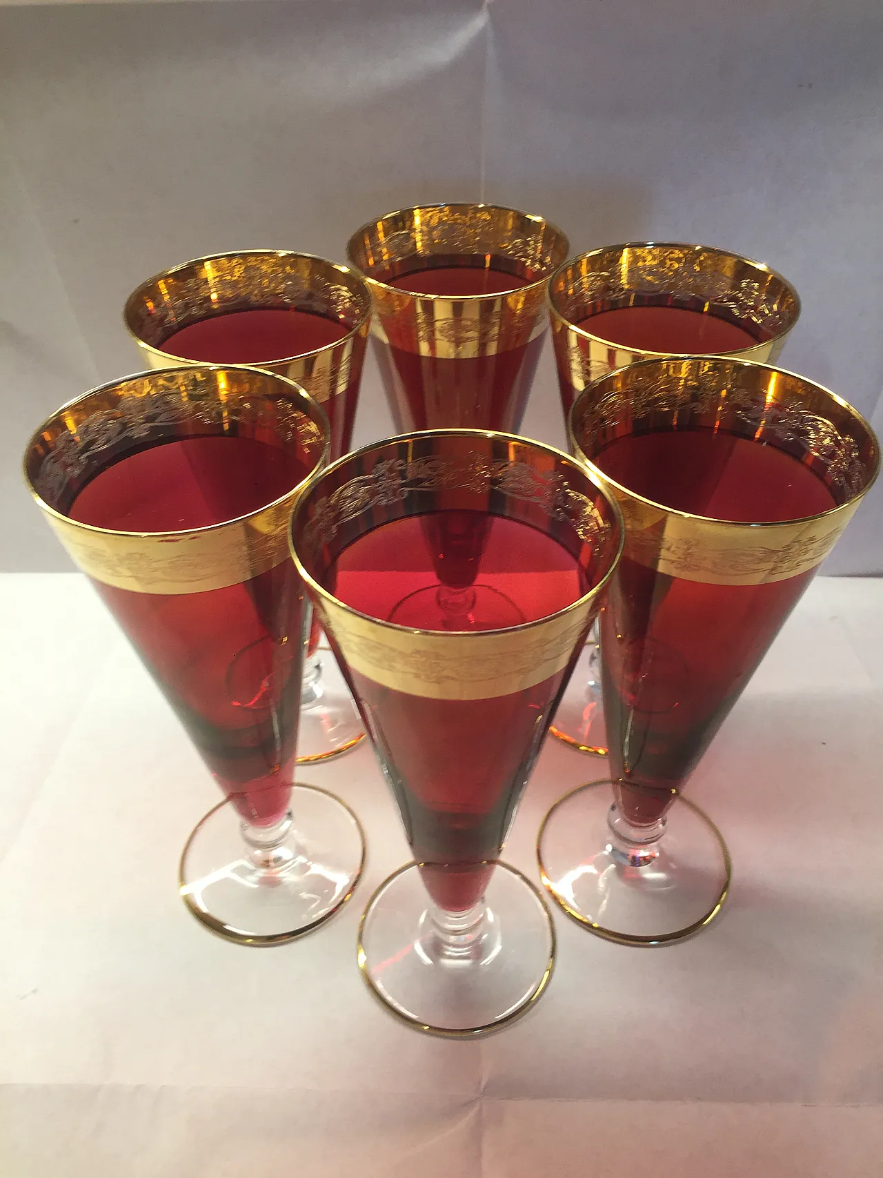 6 red and gold glass goblets, 1970s 20