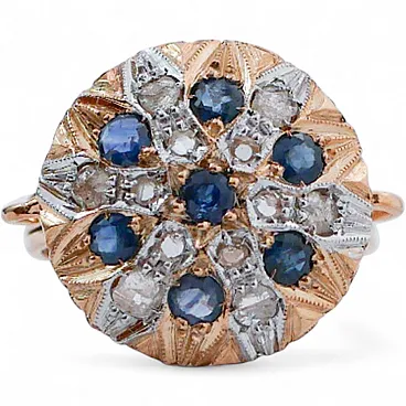 Anello con zaffiri, diamanti, oro rosa e argento, anni '60