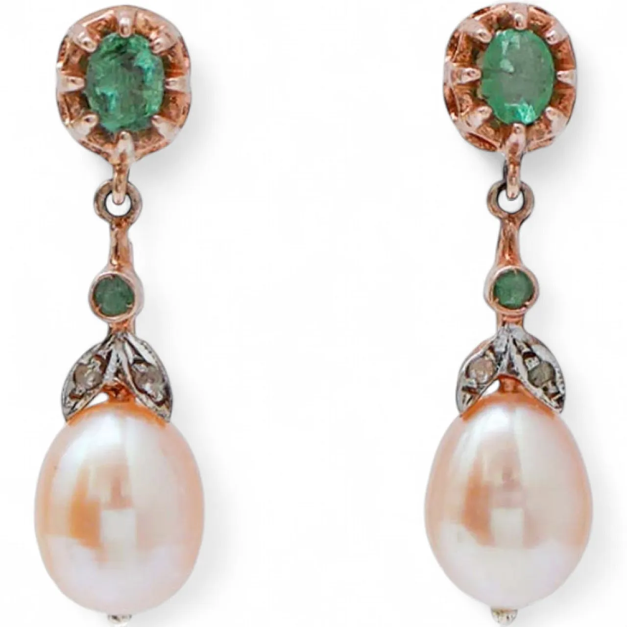 Orecchini con perle, smeraldi, diamanti, oro rosa e argento, '900 7