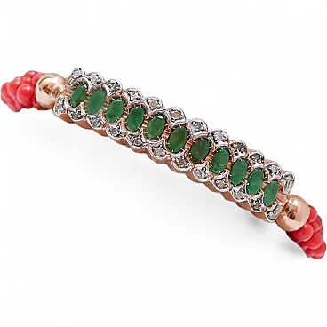 Bracciale con smeraldi, diamanti, corallo, oro rosa e argento, '900
