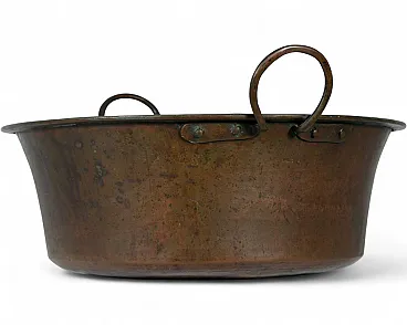 Hand-hammered copper basin with forged iron handles, 19th century